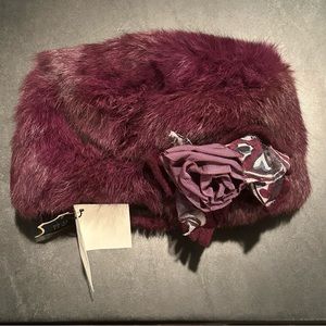 Alessandra Bacci rabbit fur round flat winter hat purple mauve gray fabric rose